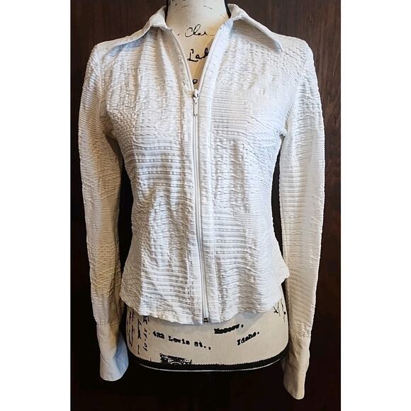 Carol Anderson Vtg Medium White stretch collared full zip blouse long cuffs USA - Picture 1 of 9